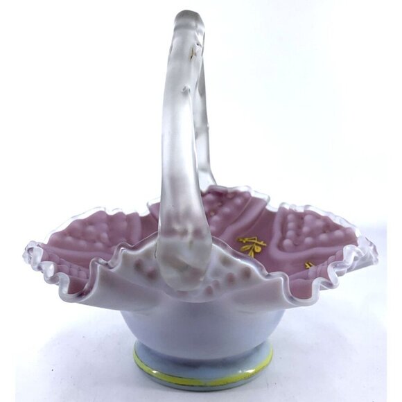 Brides Basket Glass Antique Victorian Enamel Floral Purple Satin Bowl 7" x 7" - Picture 4 of 8